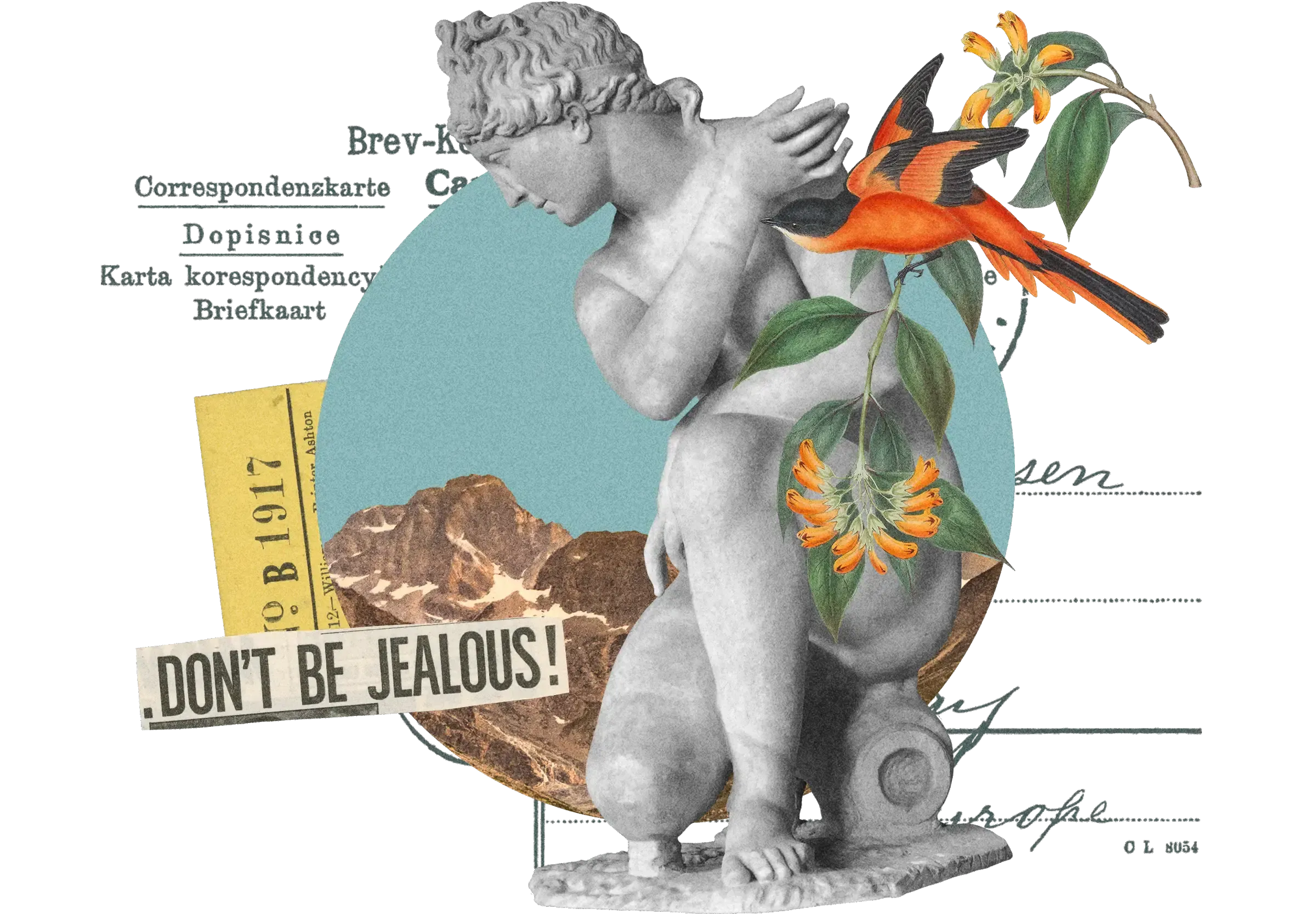 Collage: Classical cherub statue, orange tropical bird, yellow flowers, postcard text in multiple languages, 'Don't be jealous!' on blue circle